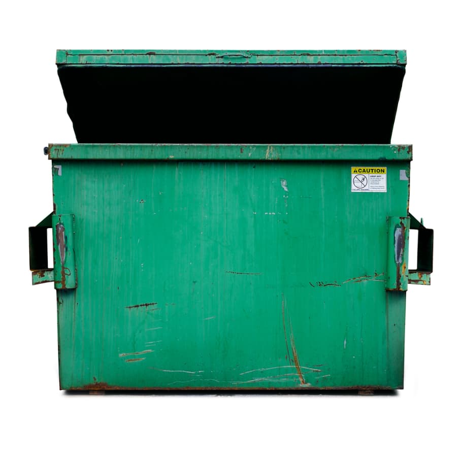 Open front loader dumpster on white background