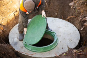 Worker manipulates manhole lid on concrete septic tank