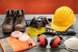 Work safety equipment on wooden table